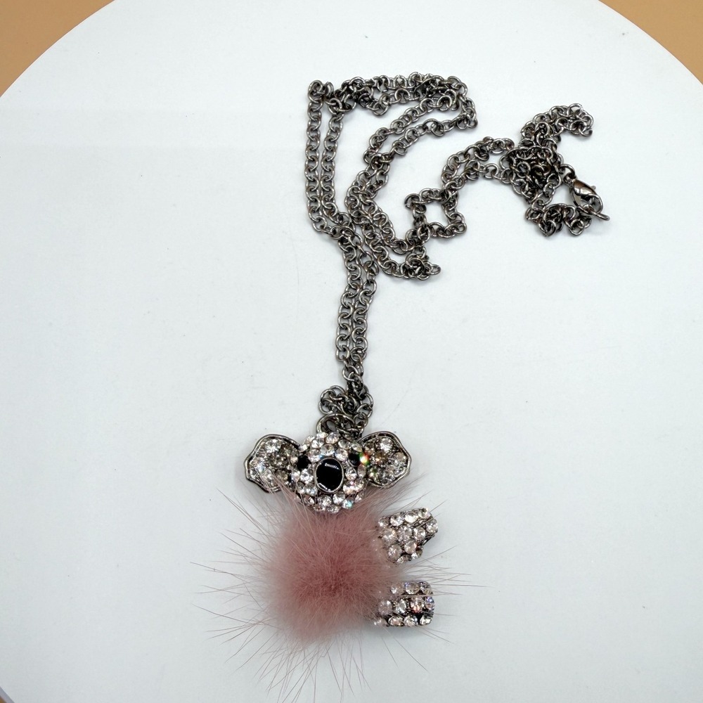 Rhinestone Koala Pendant Necklace Pink Fuzzy Pom Pom Silver Tone Statement Gift